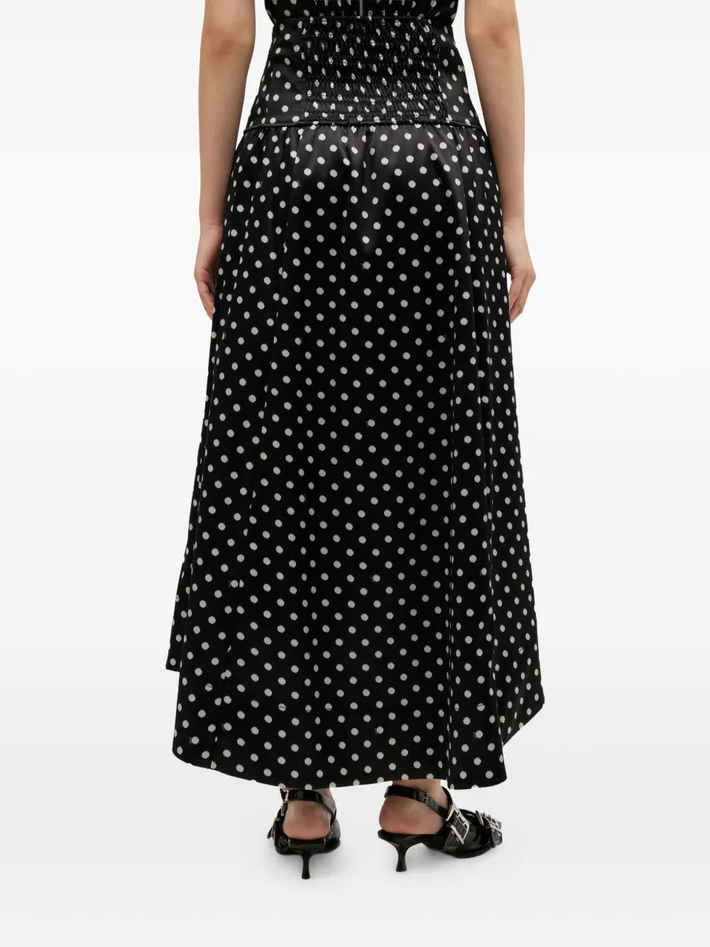 Ganni Gathered Polka-dot Recycled Satin Midi Skirt In Black