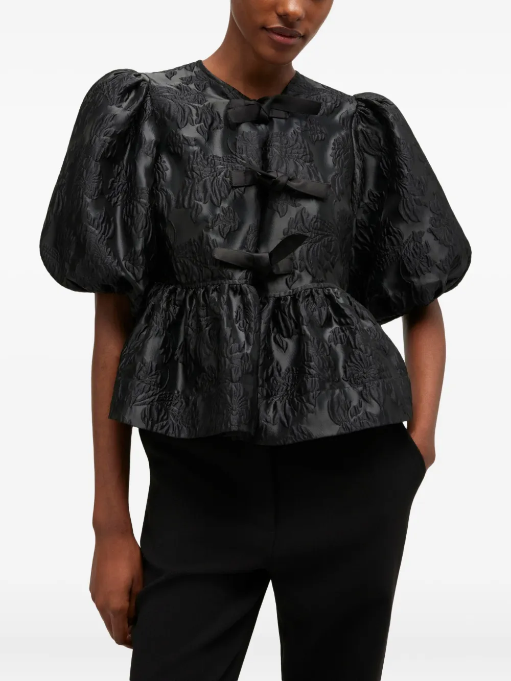 GANNI Top met pofmouwen en strik Zwart