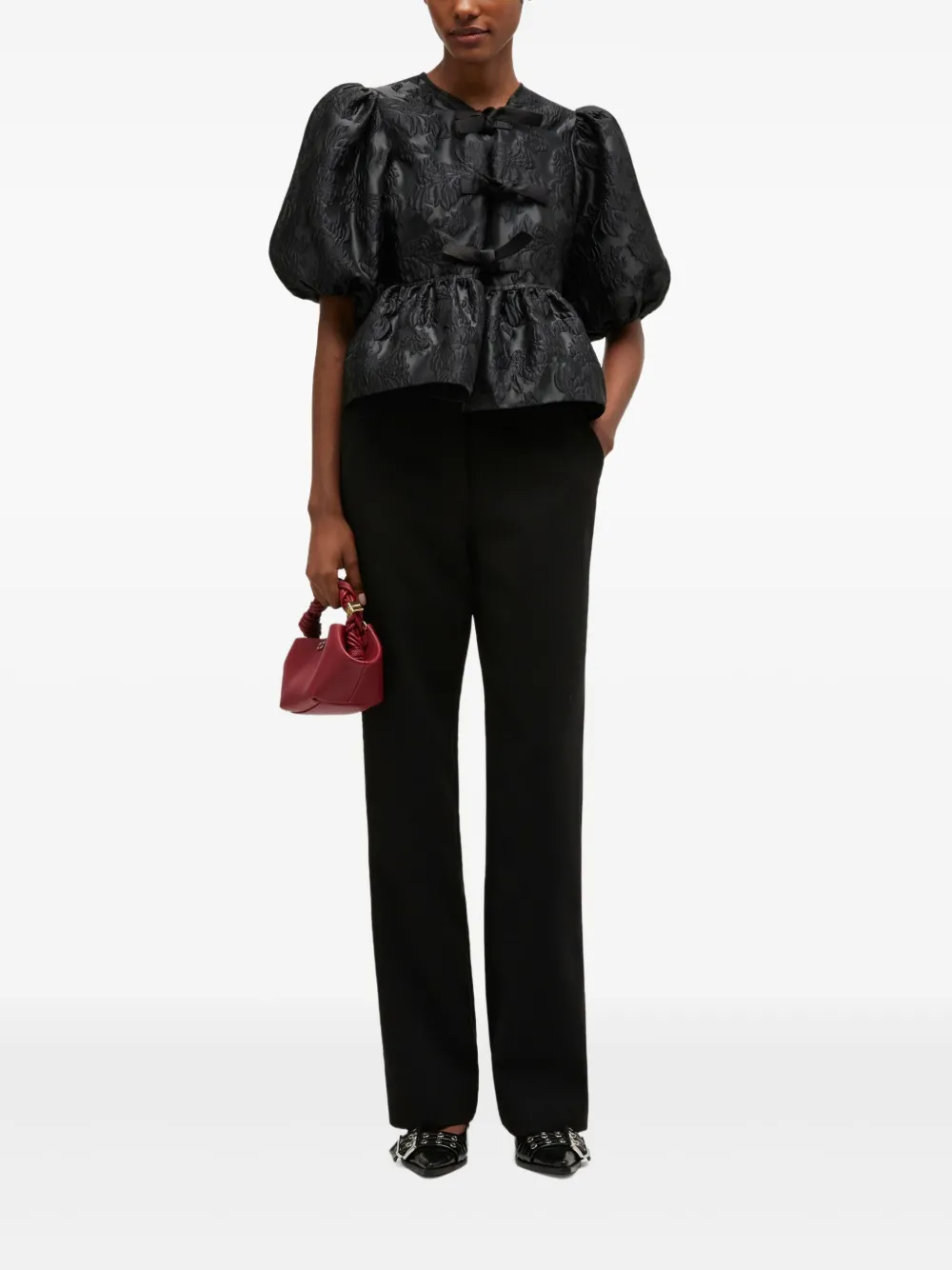 GANNI Top met pofmouwen en strik - Zwart