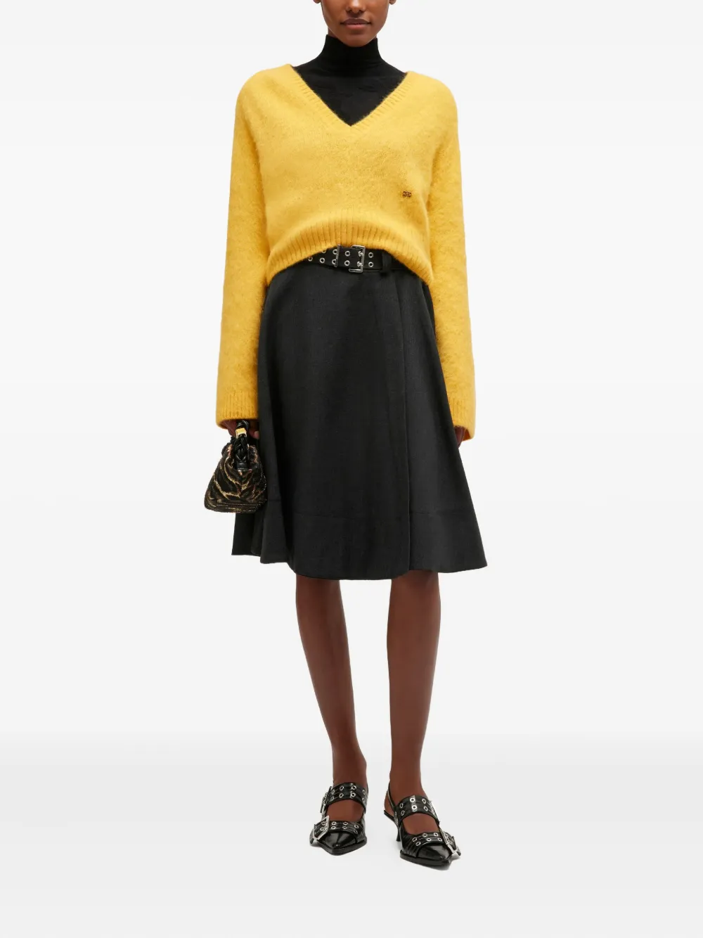 Ganni V-neck Ribbed Sweater In Yellow