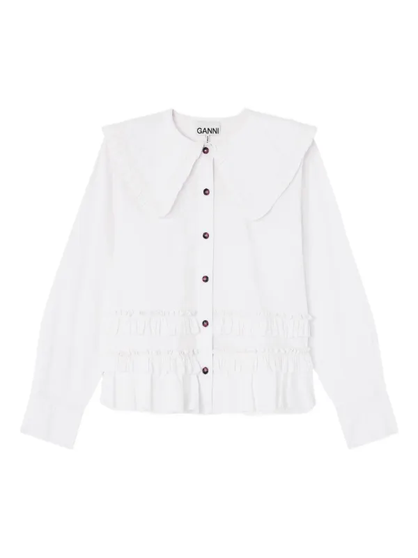 Ganni Stretch Cotton Ruffle Shirt in White