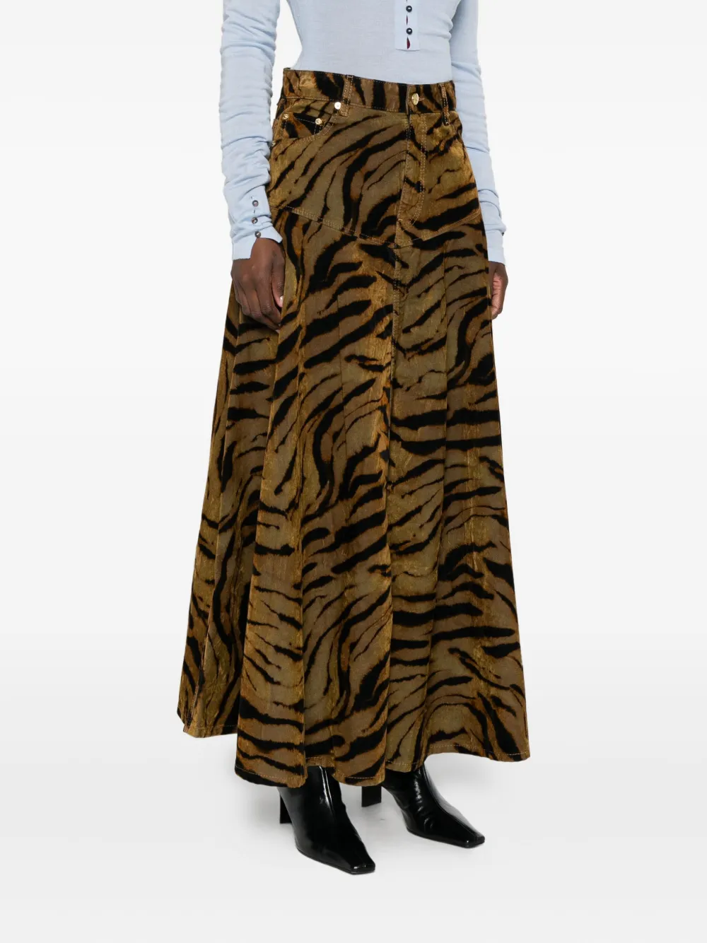 Ganni Tiger-print Denim Maxi Skirt In Animal Print
