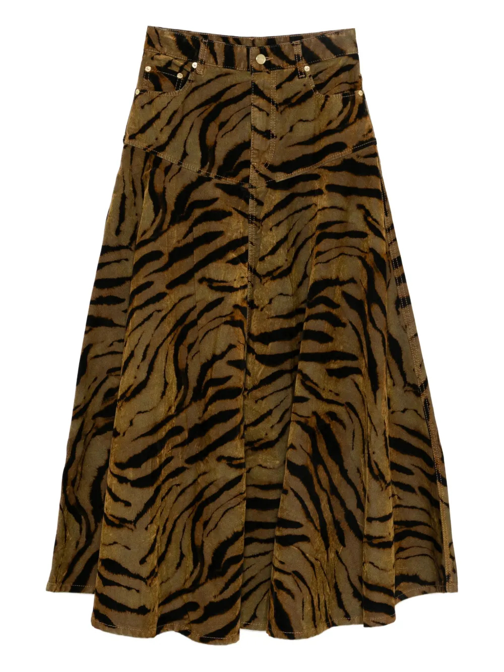 GANNI tiger-print denim maxi skirt - Marrone