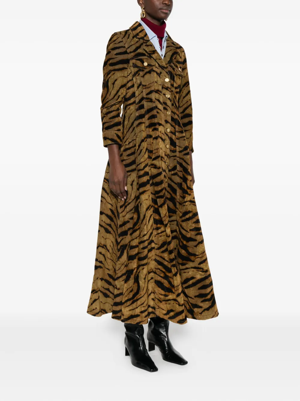 Ganni Tiger-pattern Button-up Maxi Dress In Multi