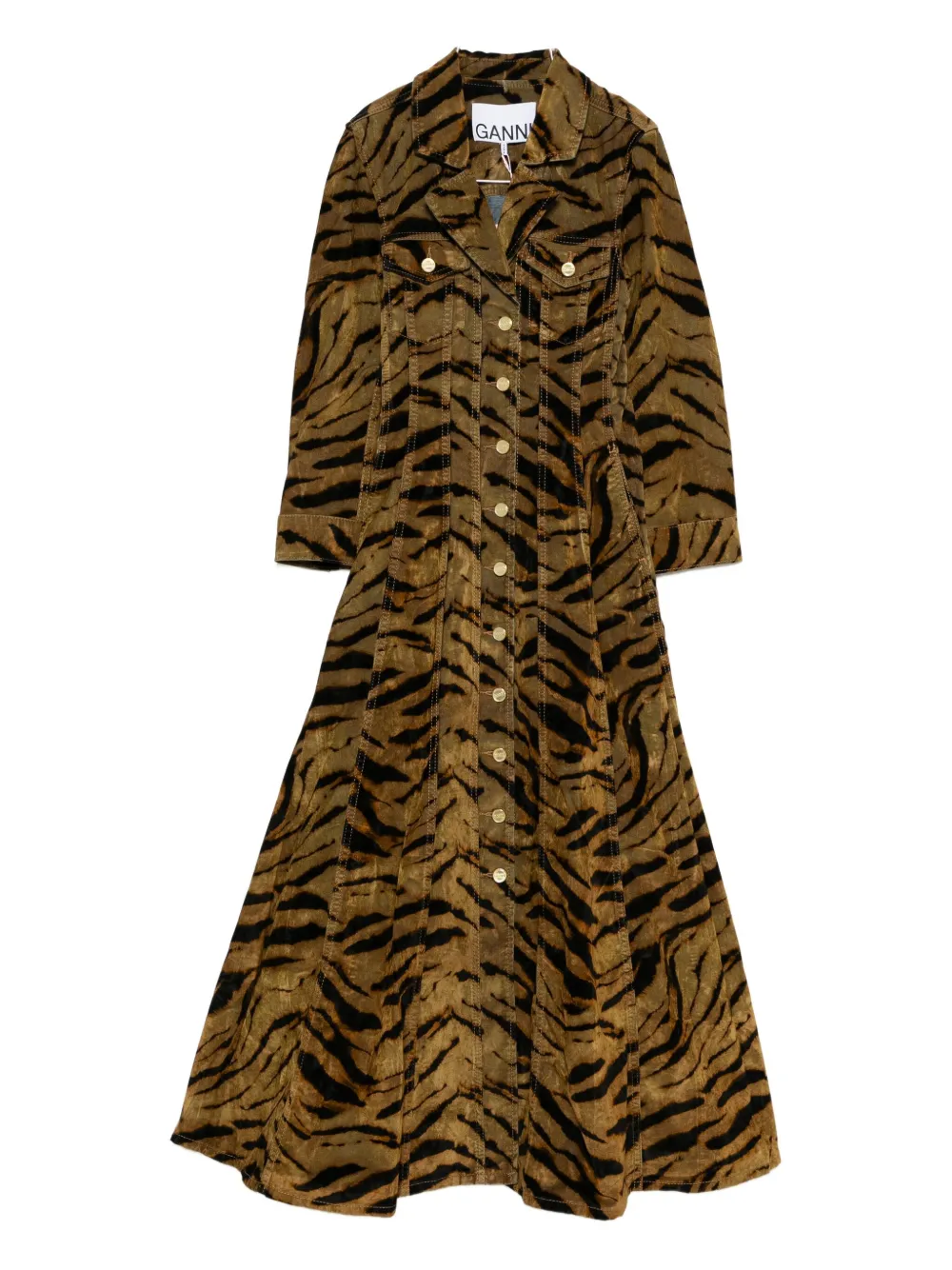 Ganni Tiger-pattern Button-up Maxi Dress In Multi
