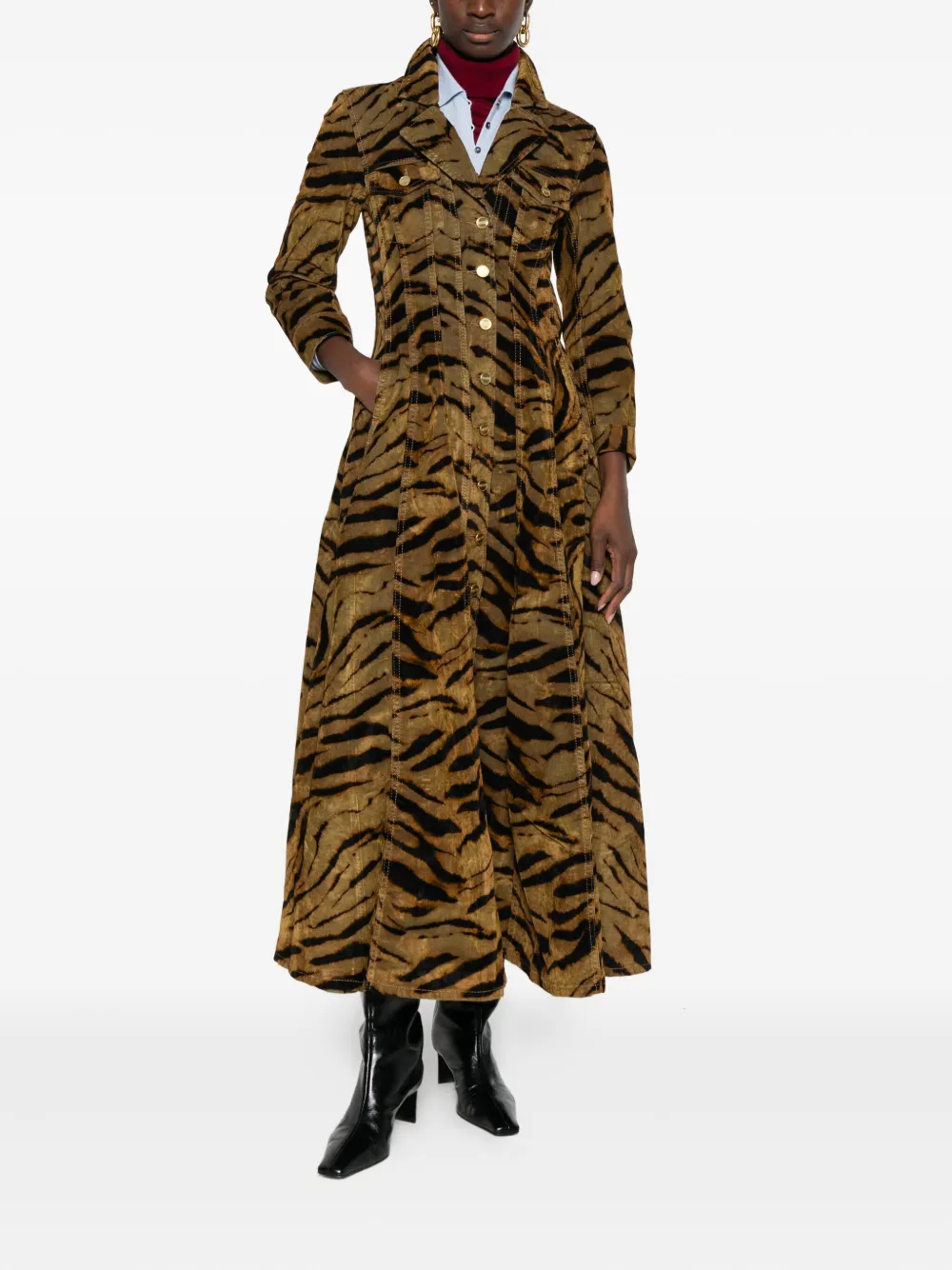 GANNI tiger-pattern button-up maxi dress - Bruin
