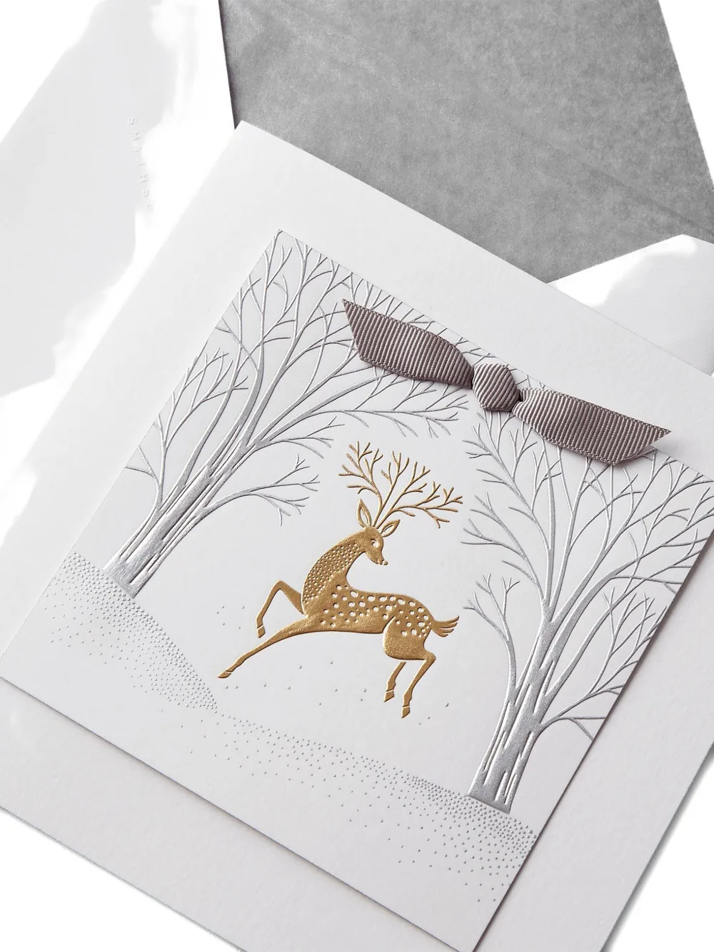 Smythson Reindeer Ribbon Christmas Card In White