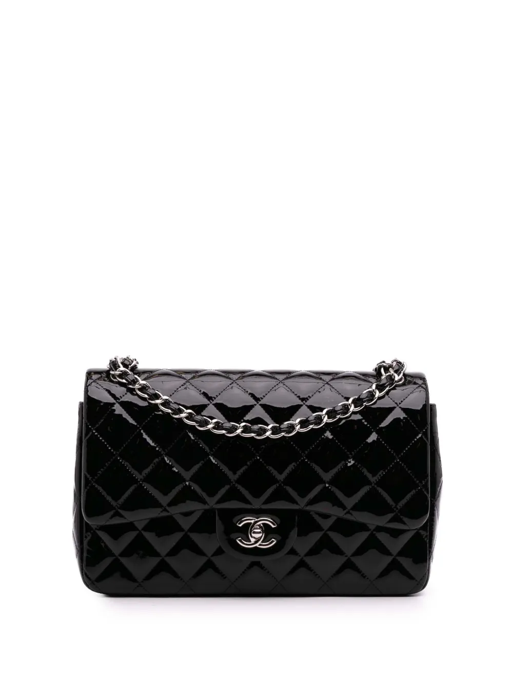 Pre-owned Chanel 2013-2014 Jumbo Classic Patent Double Flap Shoulder Bag In Black