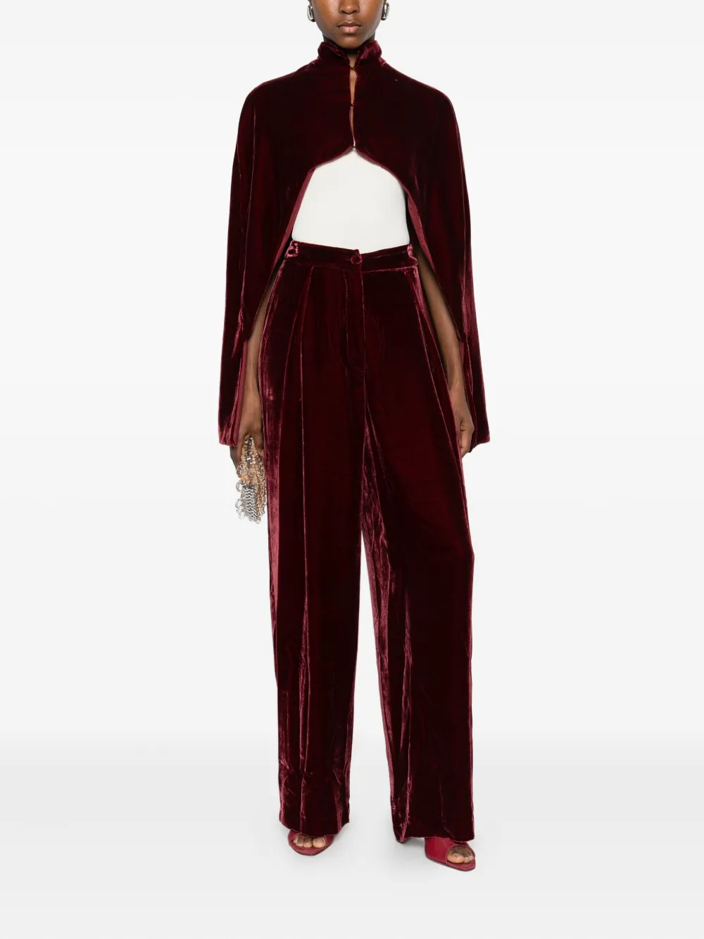 Raquel Diniz High-neck Velvet Cape In Red