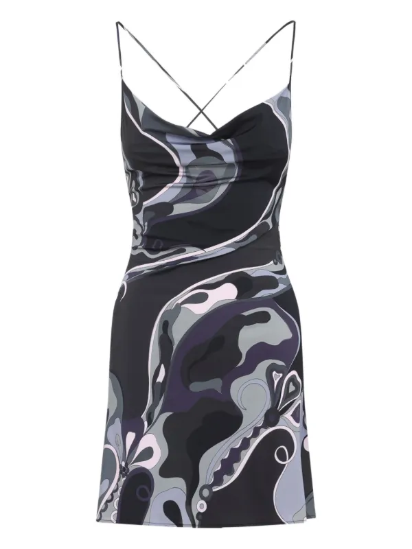pucci cocktail dress Pucci - Soleil Print Satin Dress - Size: 38 - Khaki & Blue