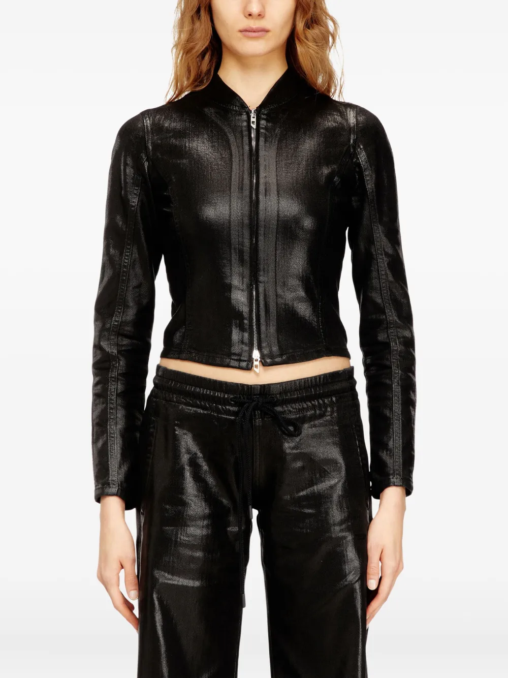 Diesel Cropped Jacket In Shiny Coated Jogg Jeans In Black