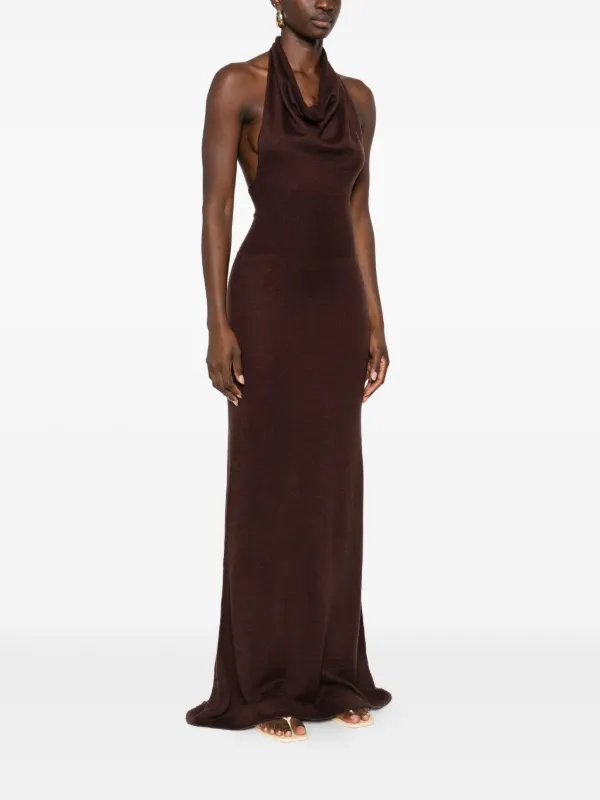 brown halterneck maxi dress Chanterra | Brown Halter-Neck Maxi Dress With Draped-Detailing
