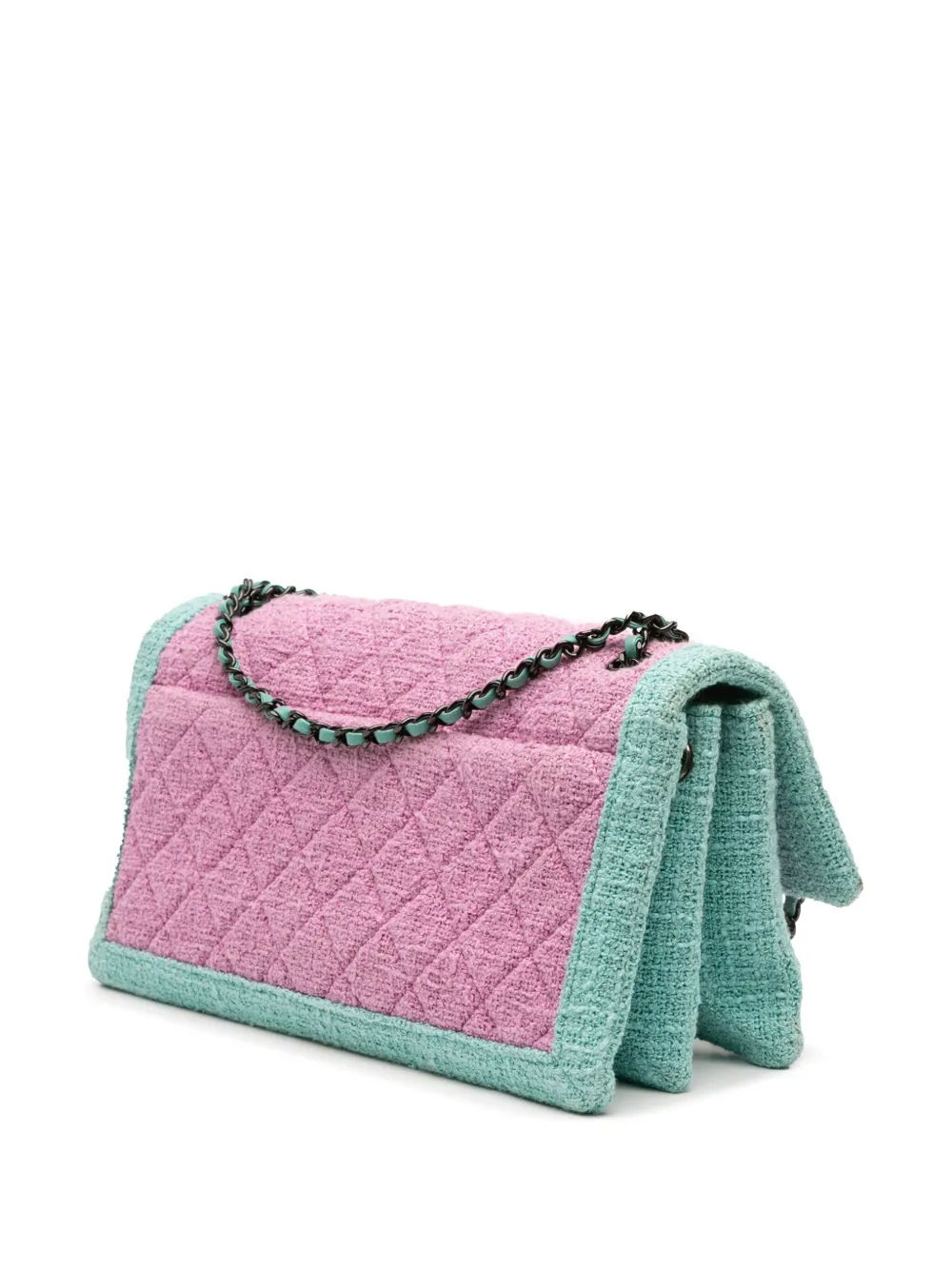 Pre-owned Chanel 2015-2016 Cc Quilted Bicolor Tweed Flap Shoulder Bag In Green