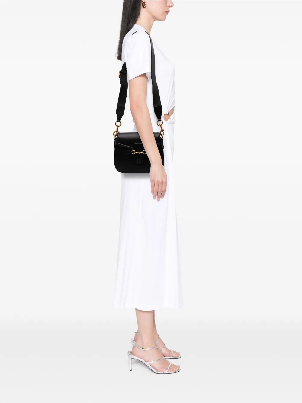 Pre-owned Gucci 2016-2025 Medium Leather Lady Web Crossbody Bag In Black