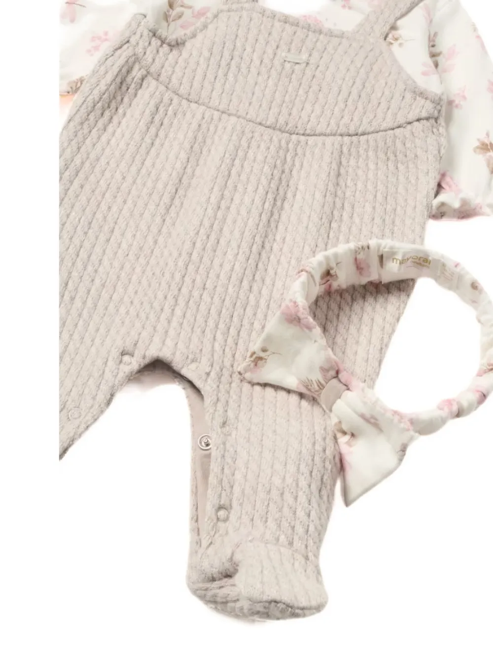 Mayoral Cable-knit Floral Romper Set In Neutral