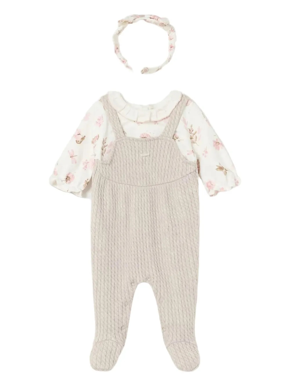Mayoral Cable-knit Floral Romper Set In Neutral