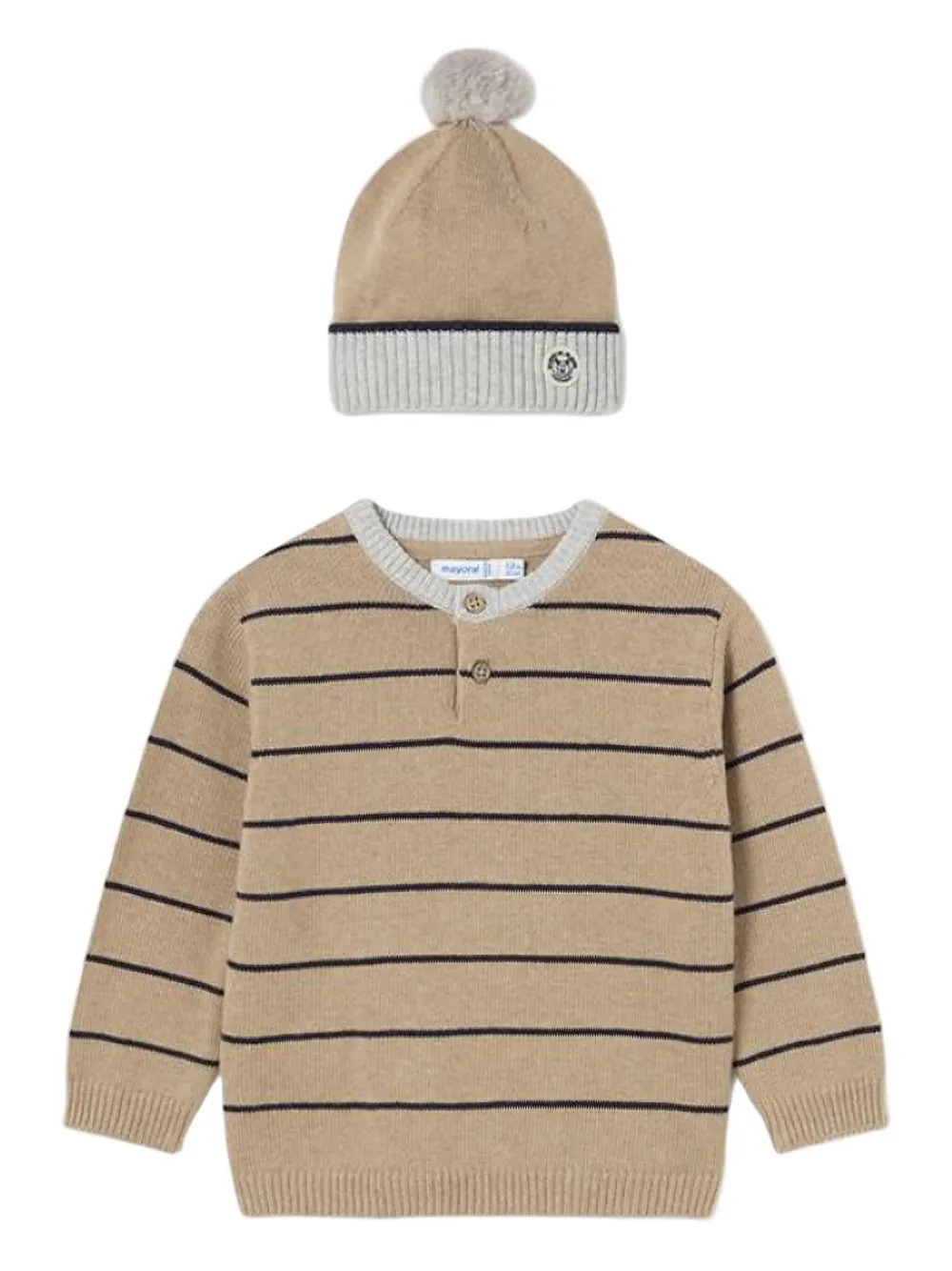 Mayoral striped button sweater and beanie hat set | Neutrals | Image 1