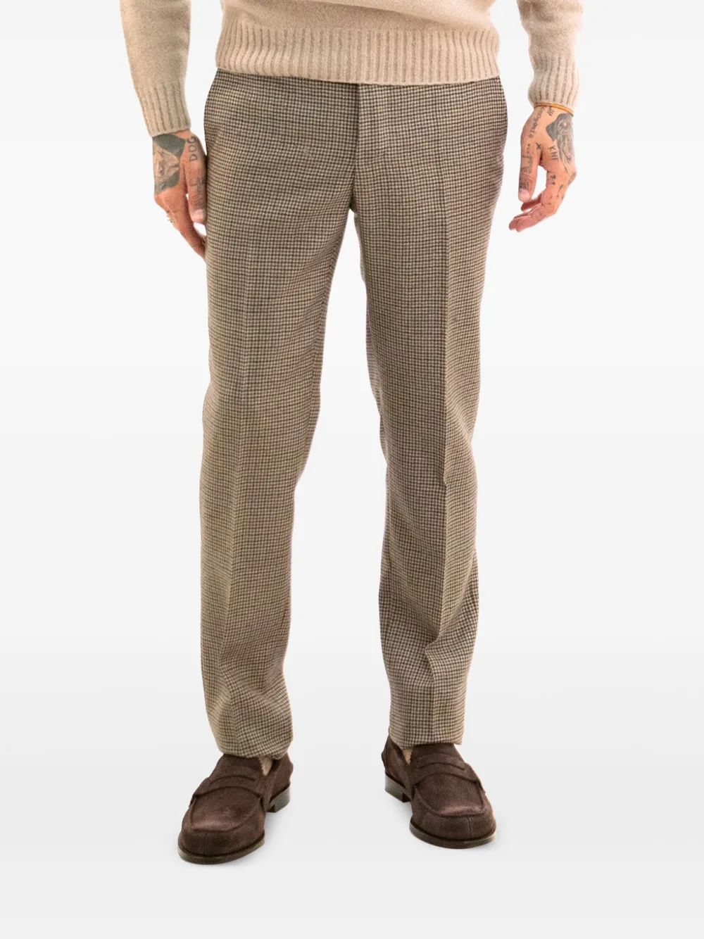 Incotex Broek met pied-de-poule print en omgeslagen pijpen - Beige