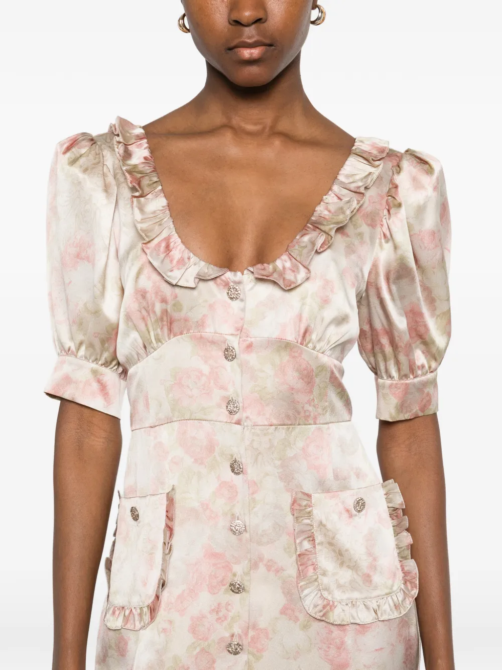 Alessandra Rich Floral-print Silk Satin Midi Dress with Puff Sleeves in Neutrals, view 5
