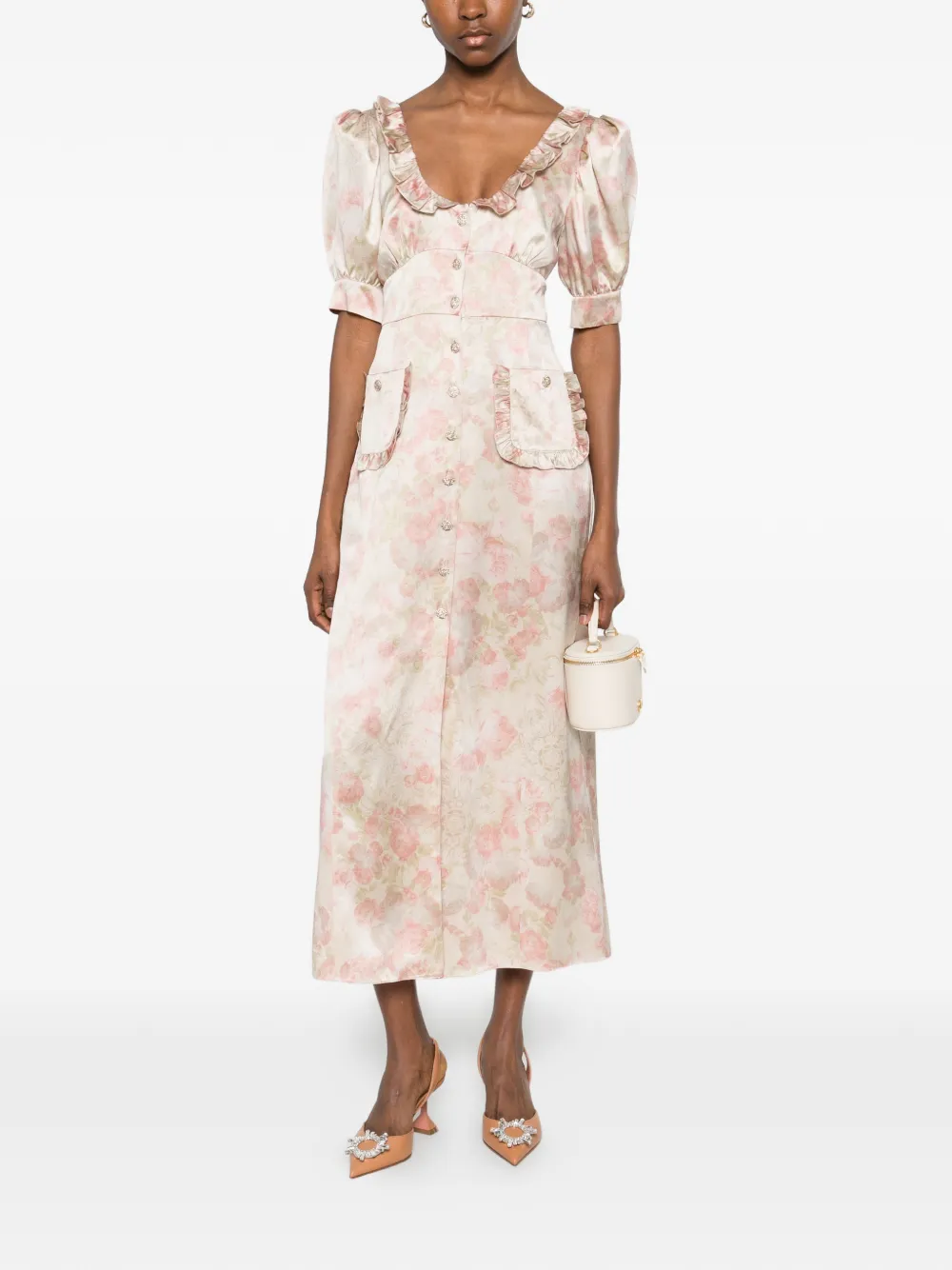 Alessandra Rich Floral-print Silk Satin Midi Dress with Puff Sleeves in Neutrals, view 2