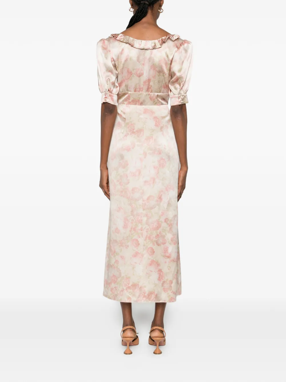 Alessandra Rich Floral-print Silk Satin Midi Dress with Puff Sleeves in Neutrals, view 4