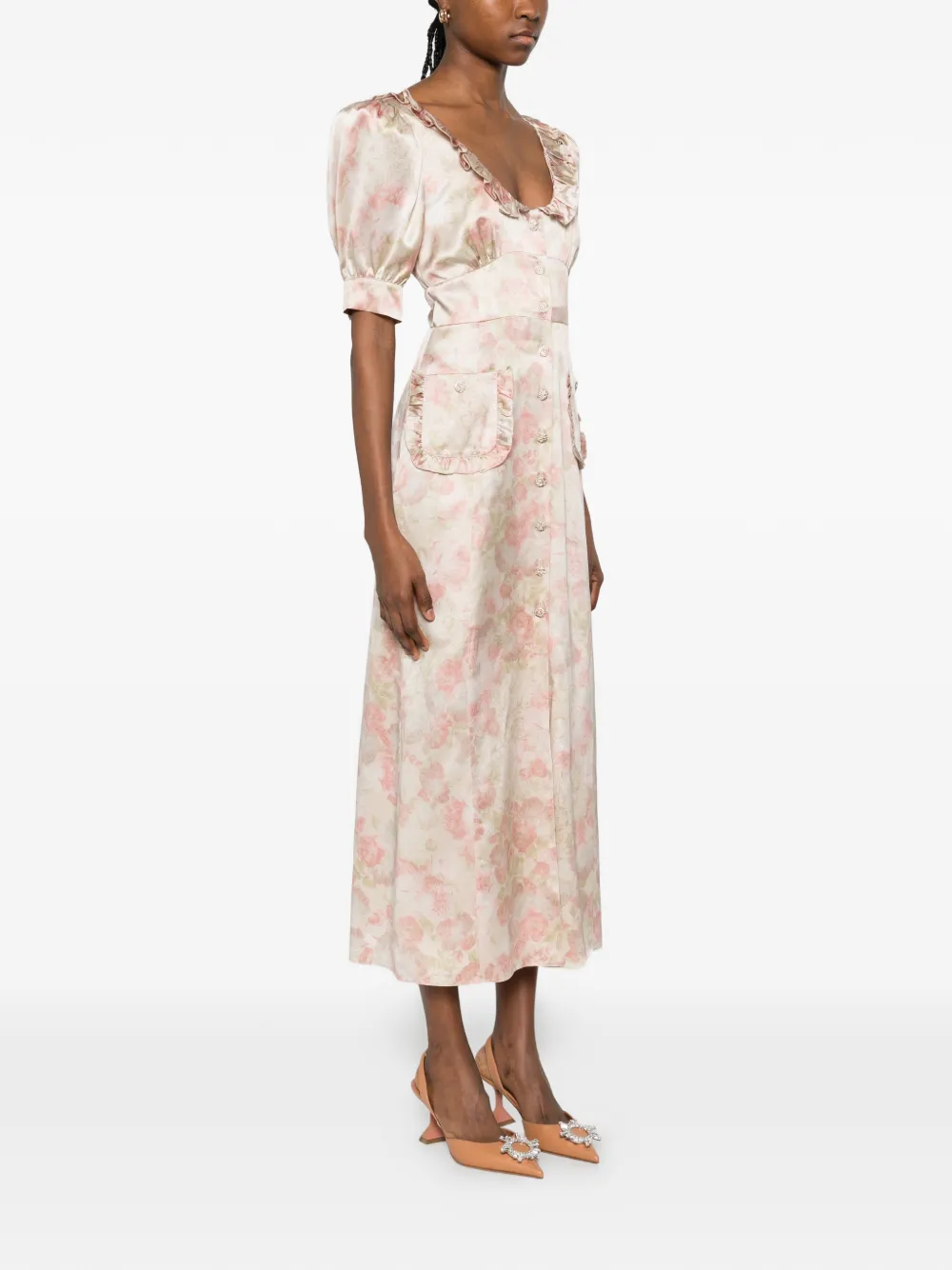 Alessandra Rich Floral-print Silk Satin Midi Dress with Puff Sleeves in Neutrals, view 3