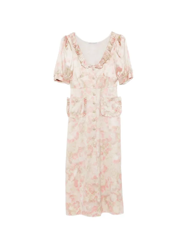 Alessandra Rich Floral-print Silk Satin Midi Dress with Puff Sleeves in Neutrals