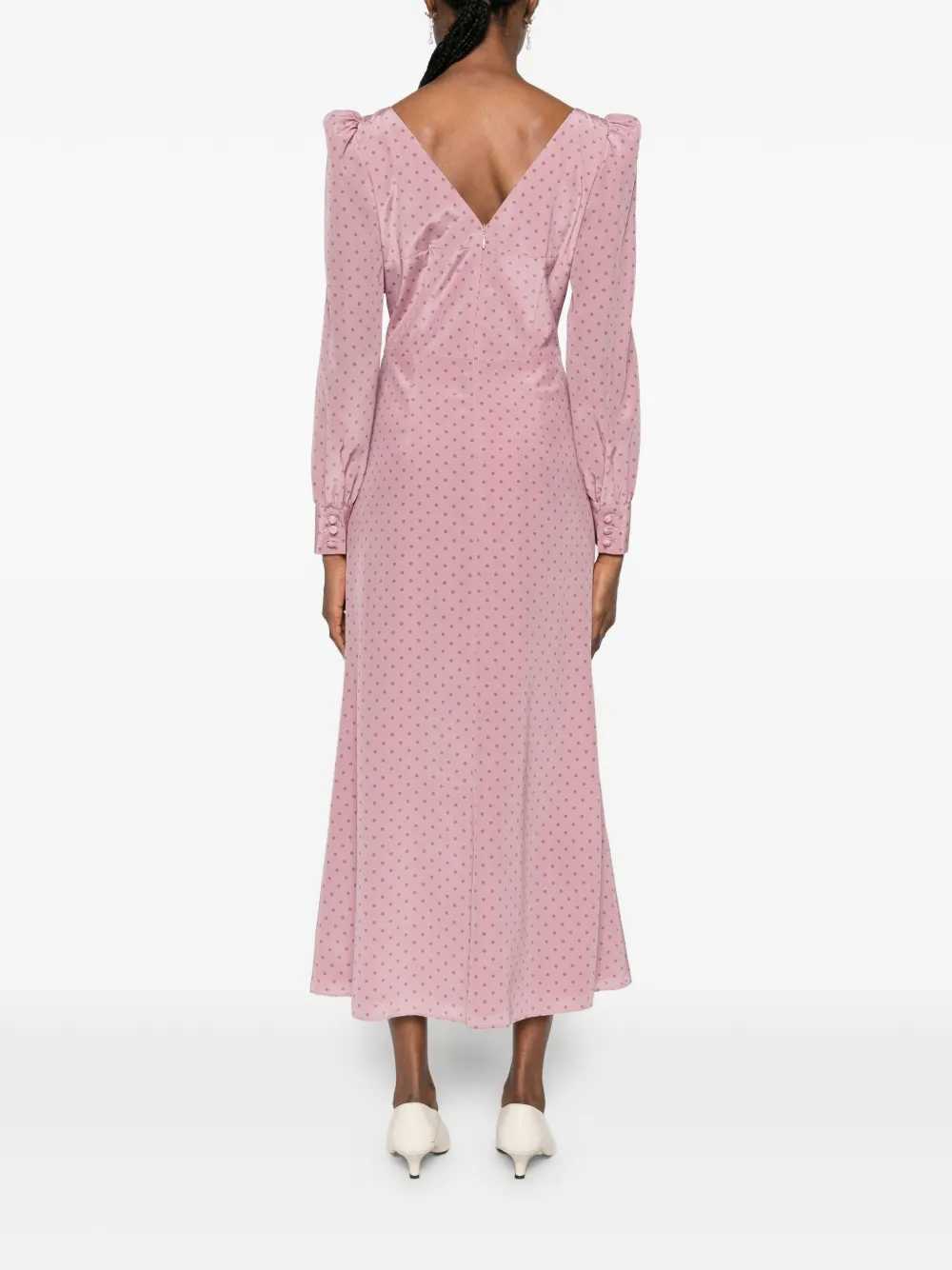 Alessandra Rich Zijden midi-jurk met stippen en ruches Roze