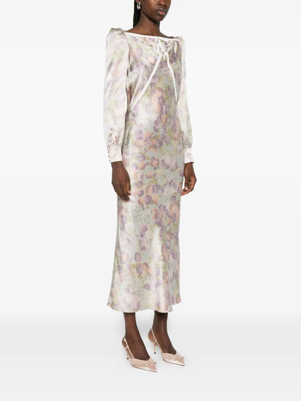 Bow Floral Silk Midi Dress