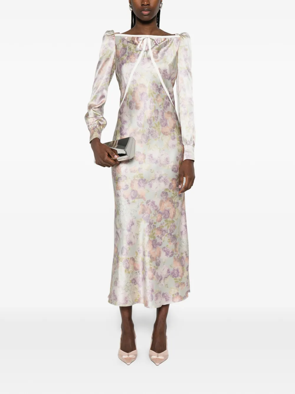 Bow Floral Silk Midi Dress