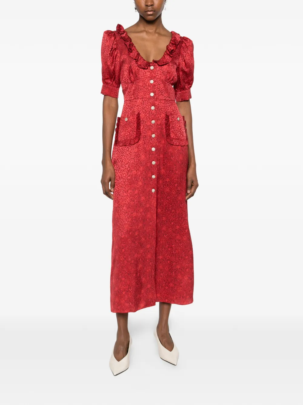  Alessandra Rich Ruffled Jacquard Midi Dress - Red 