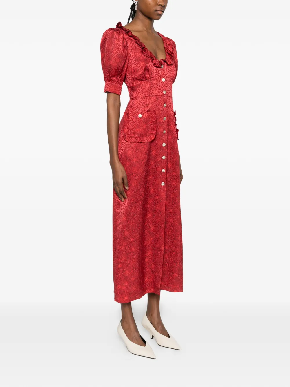  Alessandra Rich Ruffled Jacquard Midi Dress - Red 