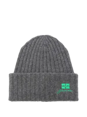 GANNI logo-patch rib-knit Beanie | Grey | FARFETCH