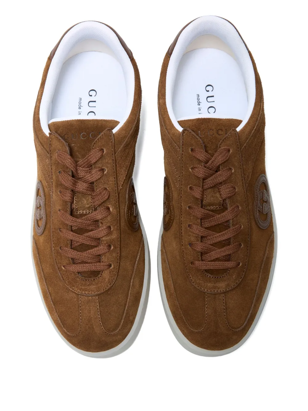 Gucci Suede Sneakers With Rounded Toe And Rubber Sole In Brown