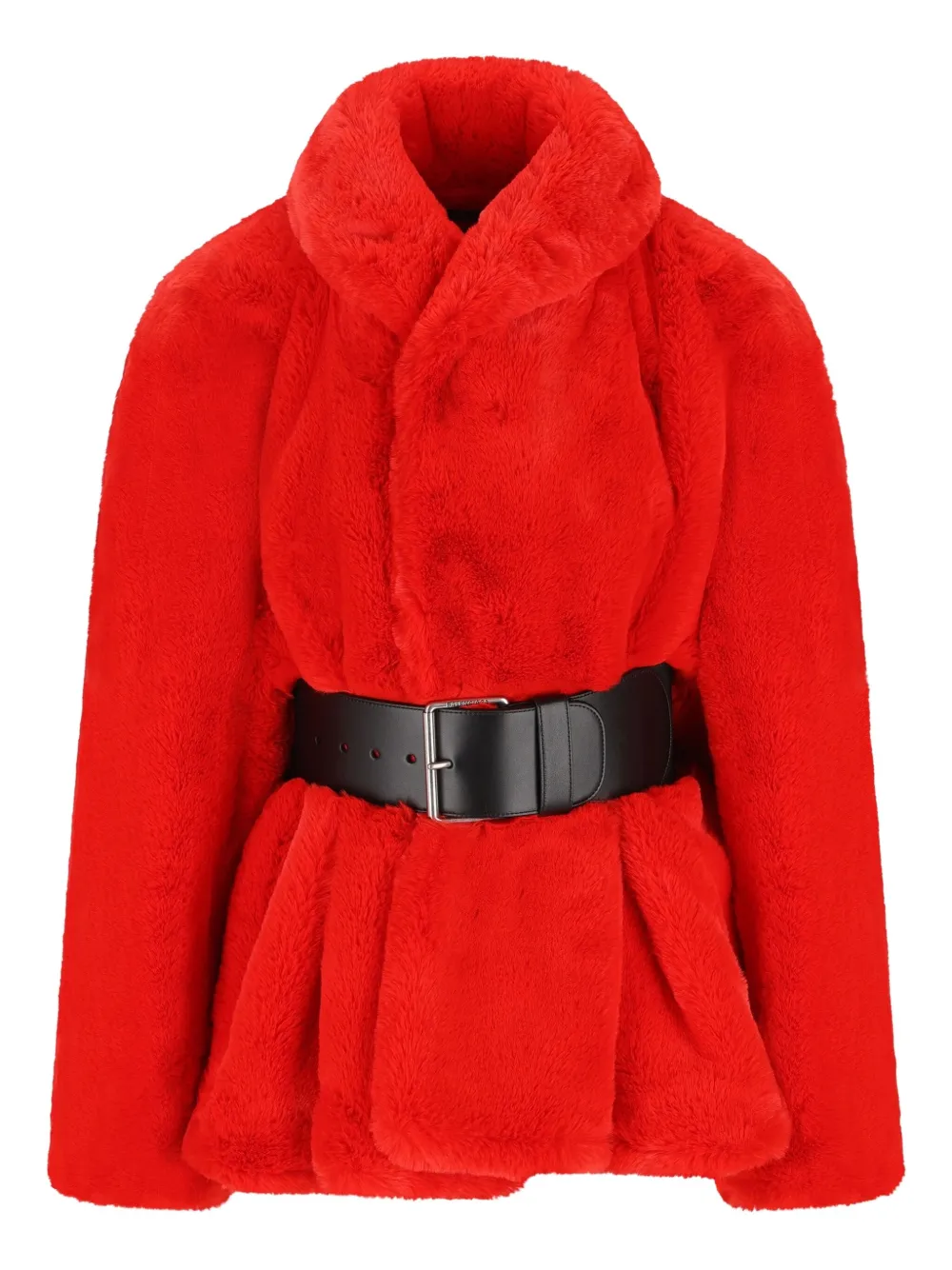 Balenciaga Belted Faux Fur Jacket In Red