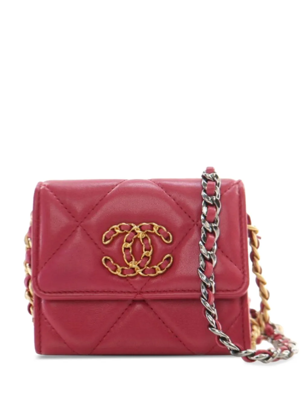 Pre-owned Chanel 2021 Quilted Lambskin  19 Card Holder On Chain Crossbody Bag
