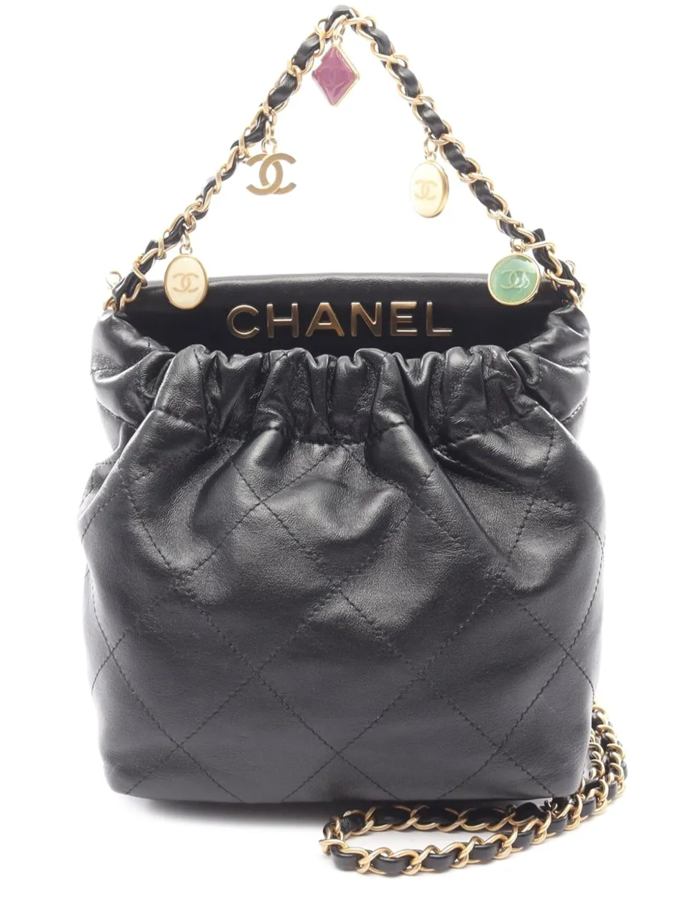 Pre-owned Chanel 2021-2025 Small Quilted Lambskin Resin Charms Chain Bucket Bag Satchel In Black