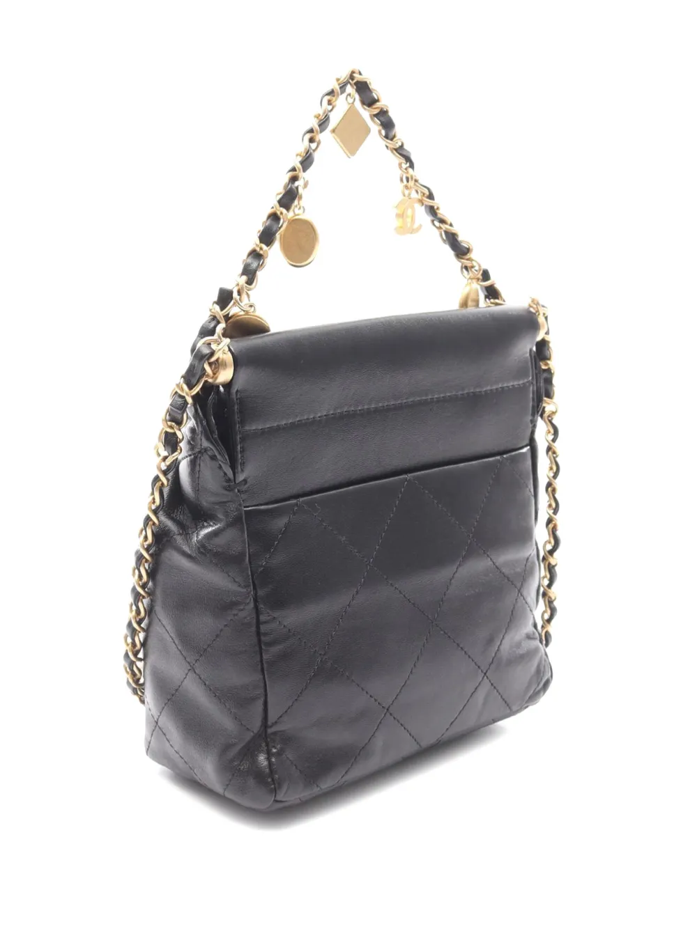 Pre-owned Chanel 2021-2025 Small Quilted Lambskin Resin Charms Chain Bucket Bag Satchel In Black