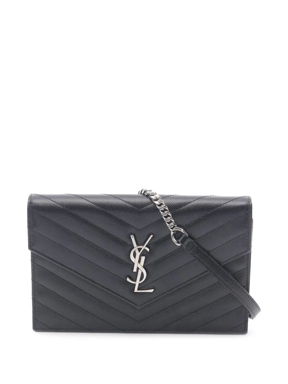 Pre-owned Saint Laurent 2013-2025 Grain De Poudre Cassandre Envelope Chain Wallet Crossbody Bag In Black
