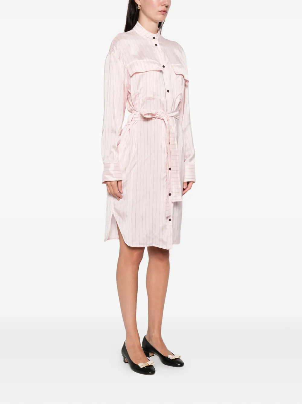 belted striped midi shirt dress