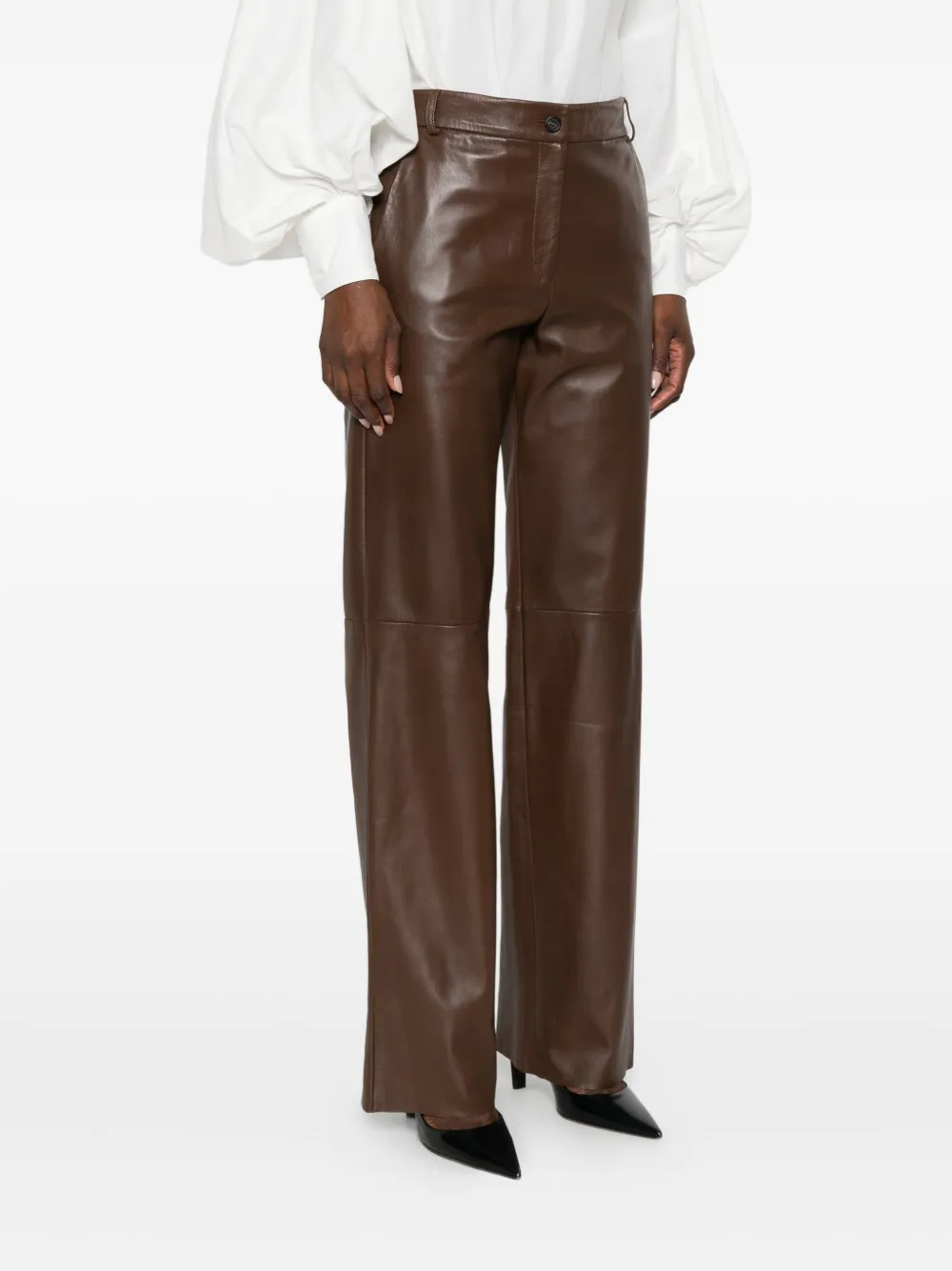 Antonelli Leather Straight-leg Trousers In Brown