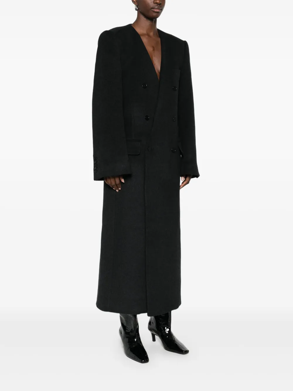  Alainpaul Collarless Double-breasted Coat - Grey 