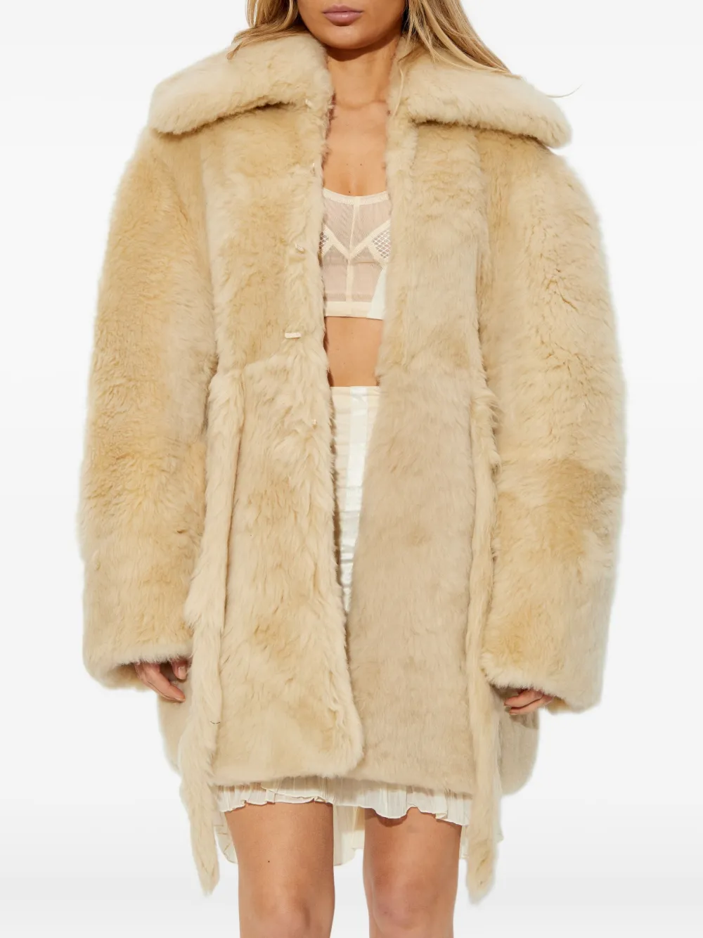 KNWLS Baby lammy jas met gestrikte taille Beige