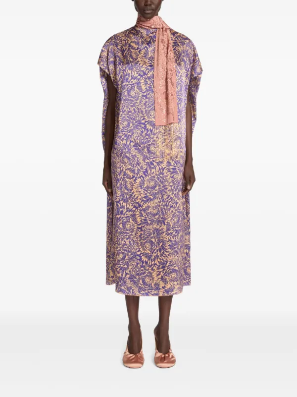 dries van noten purple dress Dries Van Noten Printed Silk Midi Dress