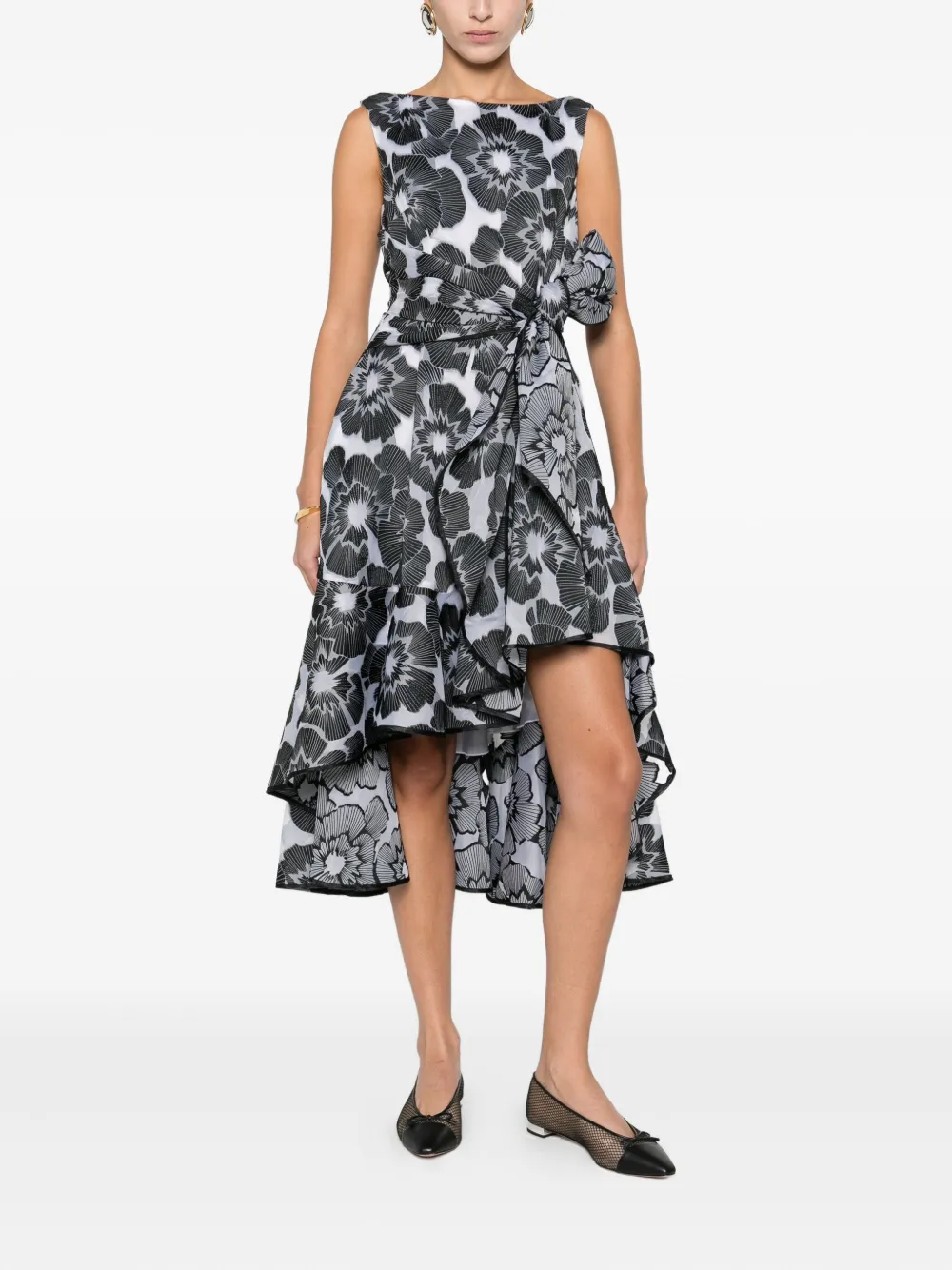 Talbot Runhof Jurk met bloemenprint en geknoopt detail - Zwart