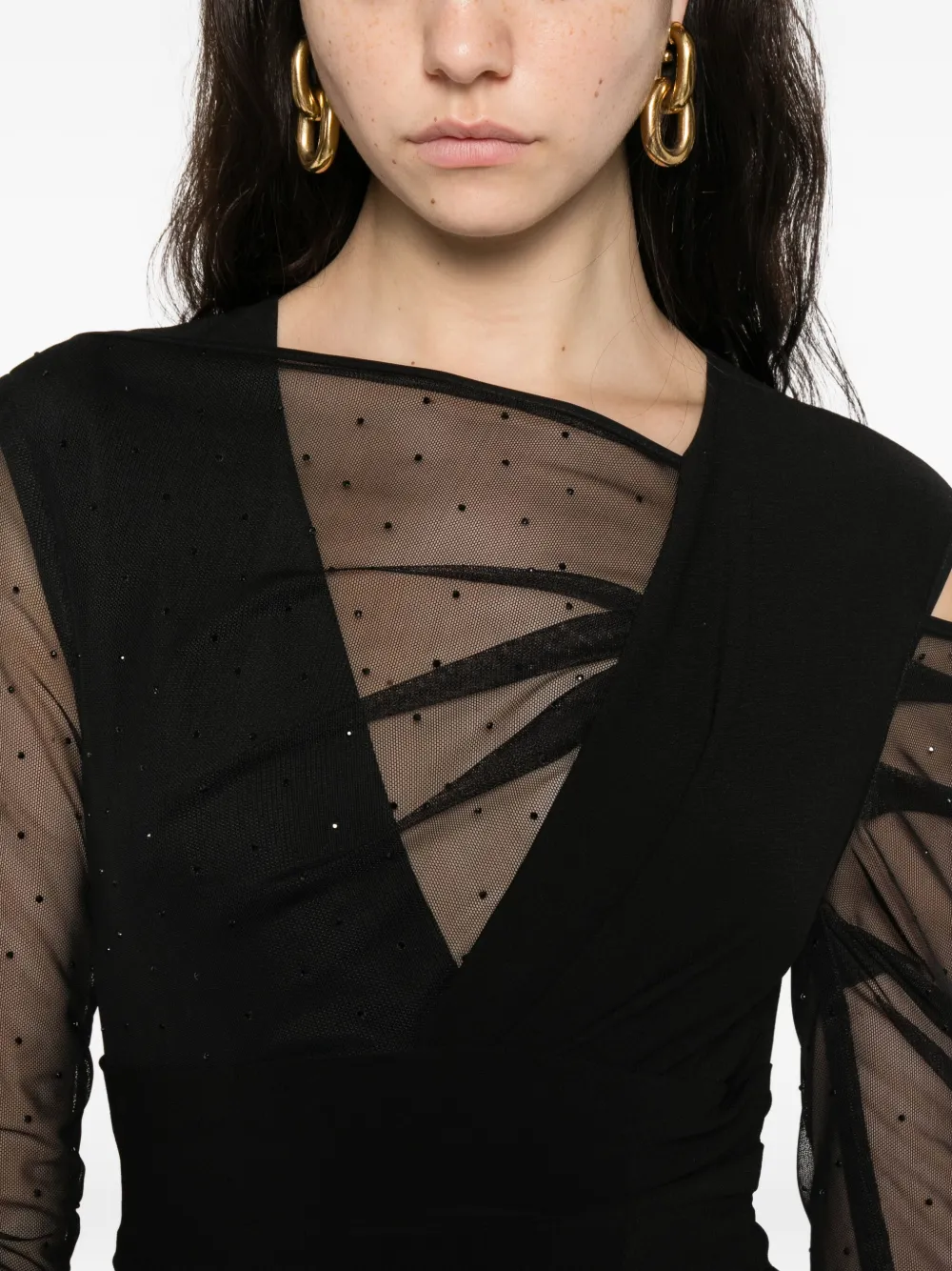 Talbot Runhof Mesh jurk met ruches Zwart