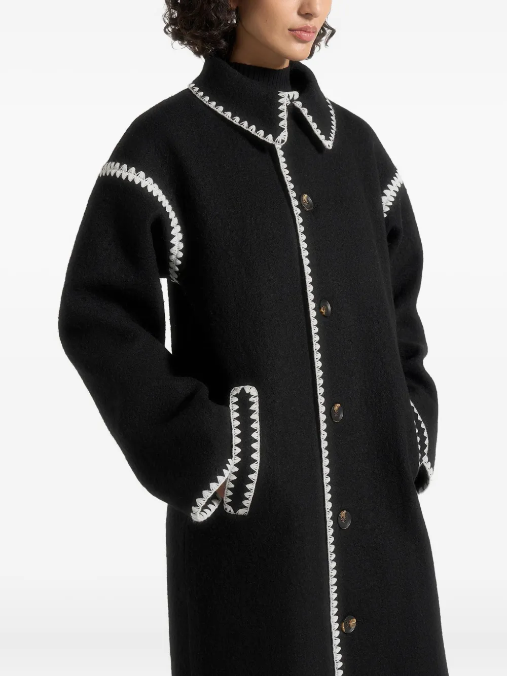 Manière De Voir Elora Blanket-stitch Belted Coat In Black