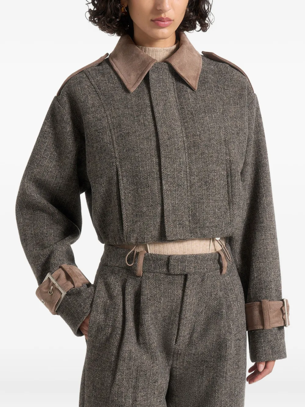 Manière De Voir Galia Herringbone Suede Jacket In Brown