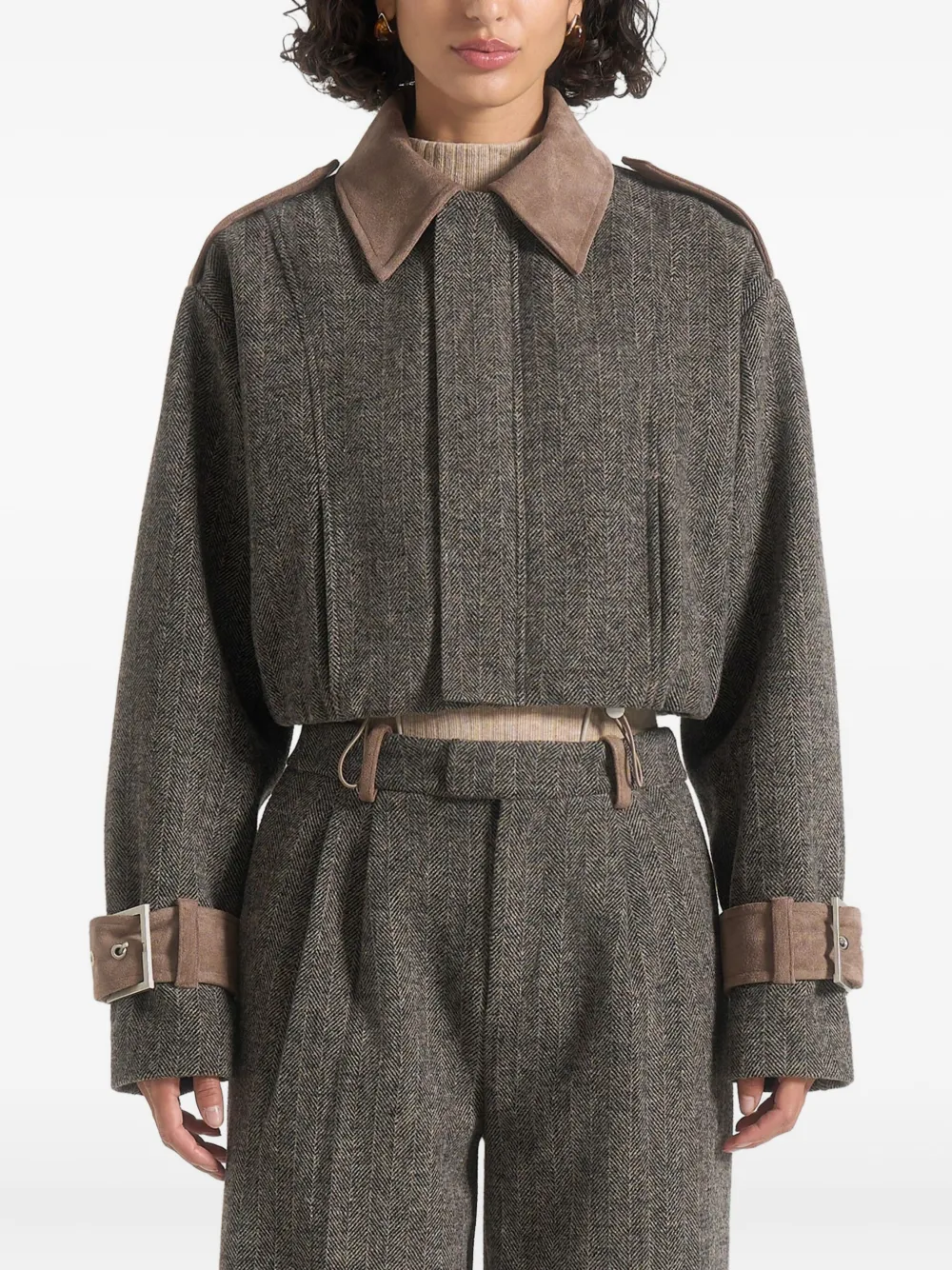 Manière De Voir Galia Herringbone Suede Jacket In Brown