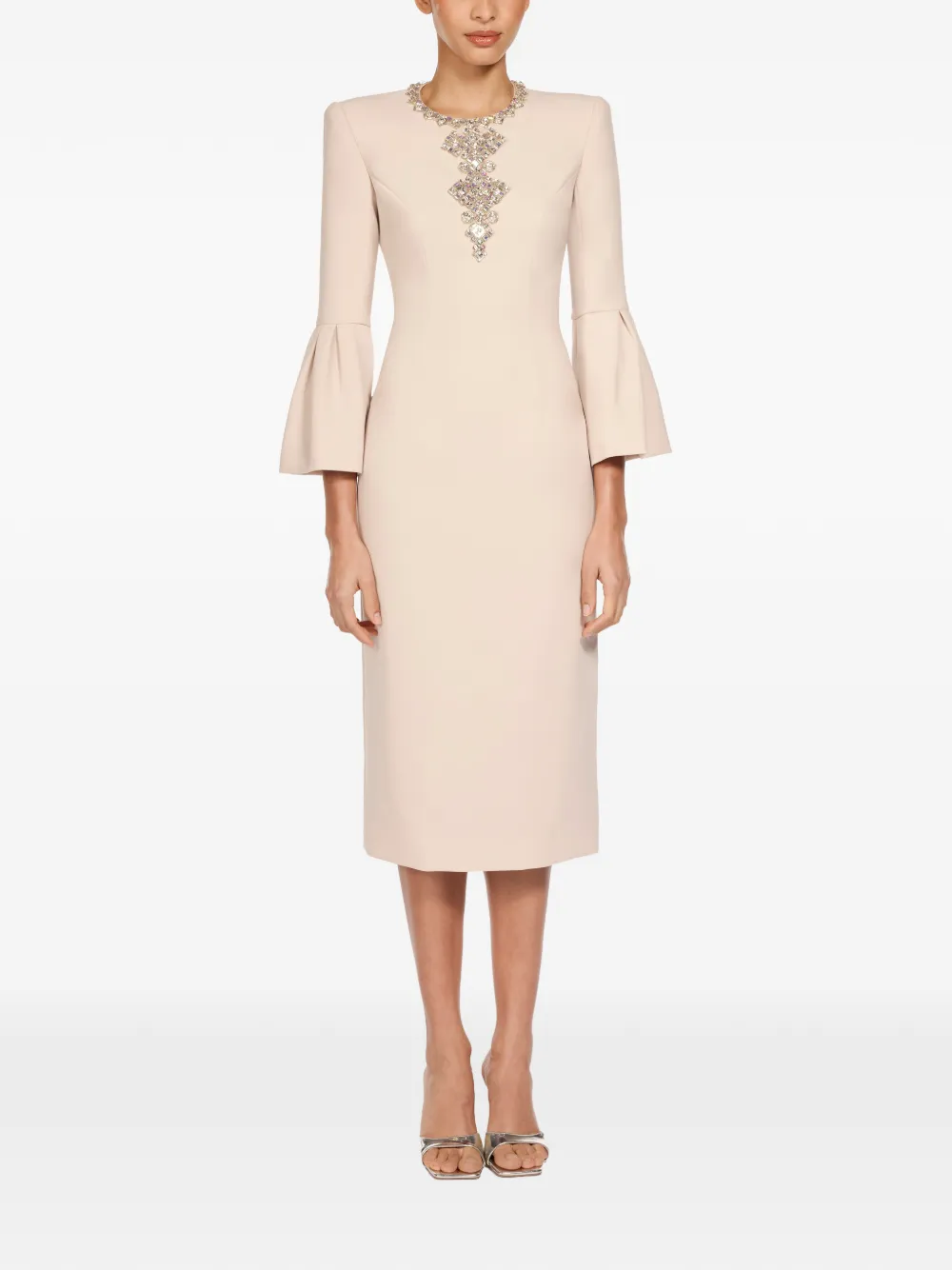 Jenny Packham Margoni front-embellished bell-sleeve midi dress - Beige